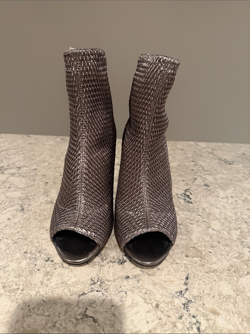 BCBG Metallic Gray Peep-Toe Knit Ankle Boots - Women - New 7.5M